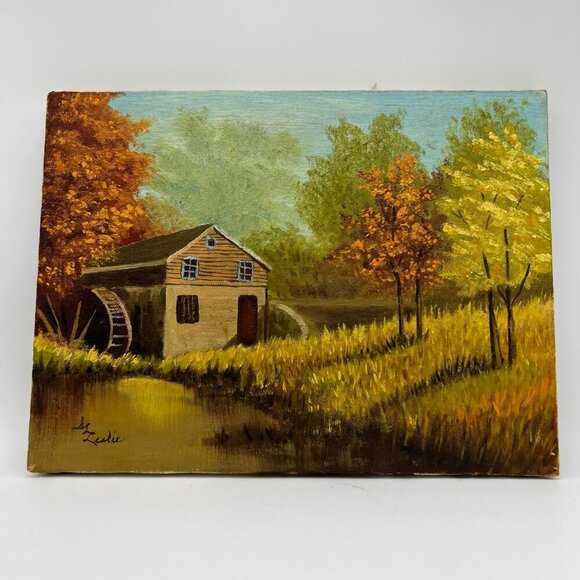 Original Art GRIST MILL Oil on Canvas unframed small fall - Picture 2 of 4